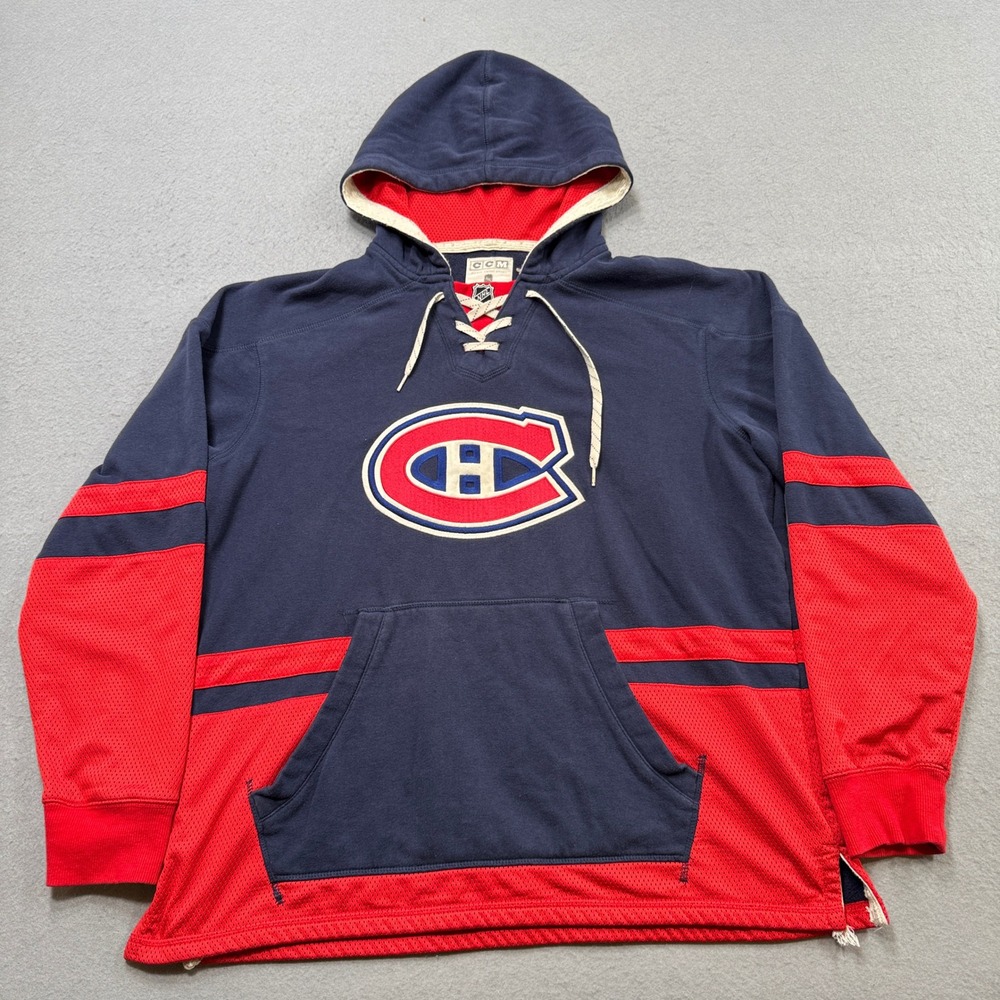 Vintage CCM Montreal Canadiens Hoodie Men's XL Blue Red Lace Up Mesh NHL Hockey